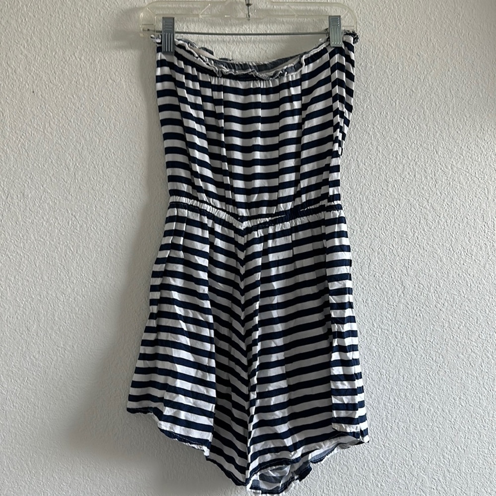 Blue and white strapless romper